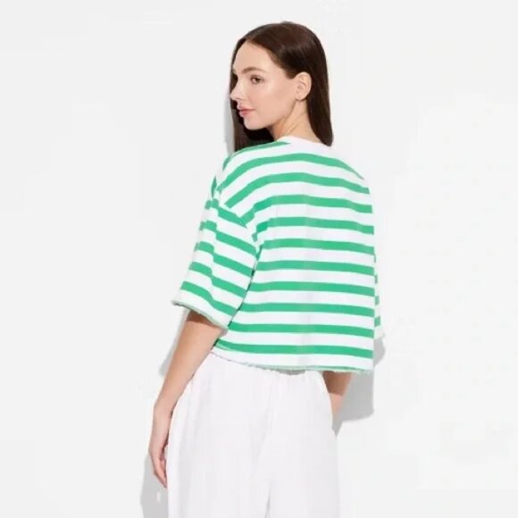 NEW Women's French Terry Pullover Sweatshirt - Wild Fable™ Green Striped XXS - Picture 2 of 5